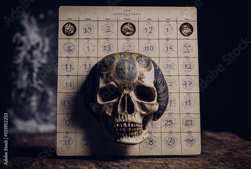 An astrological calendar with a skull septum pieced together in shallow focus. Generative AI