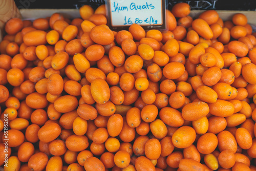 Kumquat fruit box in the street market of Kerkyra, Corfu island, Greece, Ionian islands, Fortunella margarita ripe cumquats photo