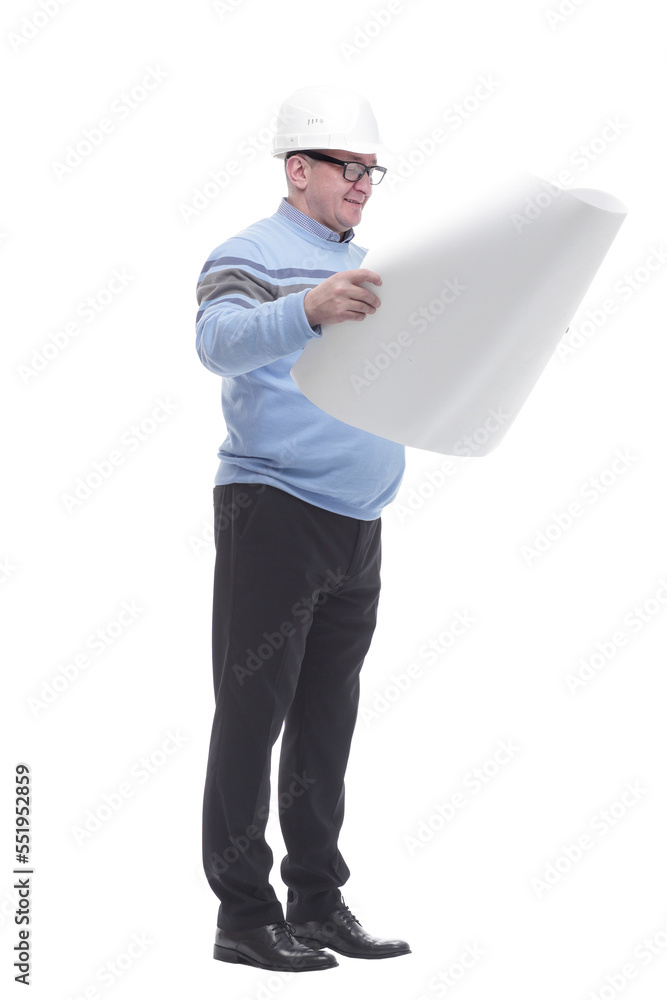 side view. smiling man reading the drawing side view. smiling man reading the drawing