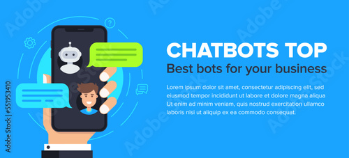 Chatbot vector flat banner design. Horizontal business banner template with illustration of man chatting with chat bot in smartphone. Vector cover header background template in flat style with place f