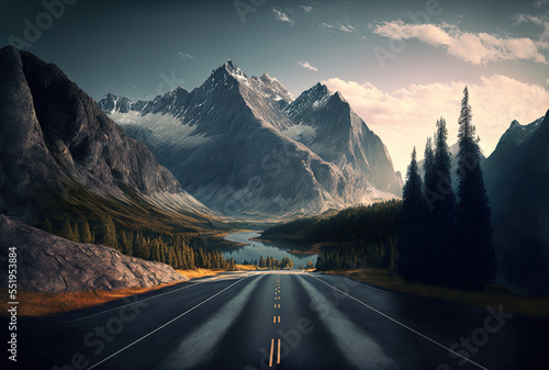 Asphalt roadway without any traffic and stunning mountain scenery. Generative AI