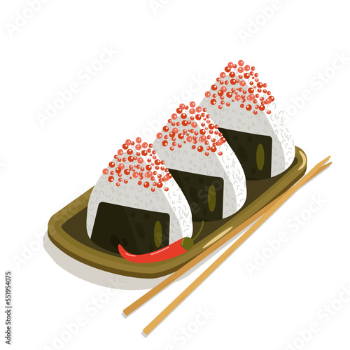 onigiri decorated with red caviar with chili pepper on a platter with bamboo sticks