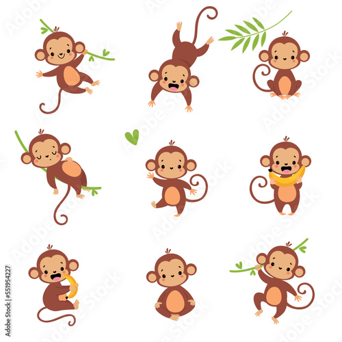 Cute Playful Monkey with Long Tail Hanging on Liana with Banana Vector Set © topvectors