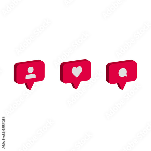  3d social media notification icon. Follow, Like, Comment.