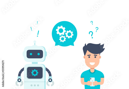 Chatbot concept. Customer service robot. Man chatting with chat bot. User asks robot the question and gets an answer. Vector illustration photo