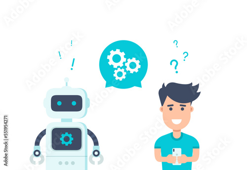 Chatbot concept. Customer service robot. Man chatting with chat bot. User asks robot the question and gets an answer. Vector illustration
