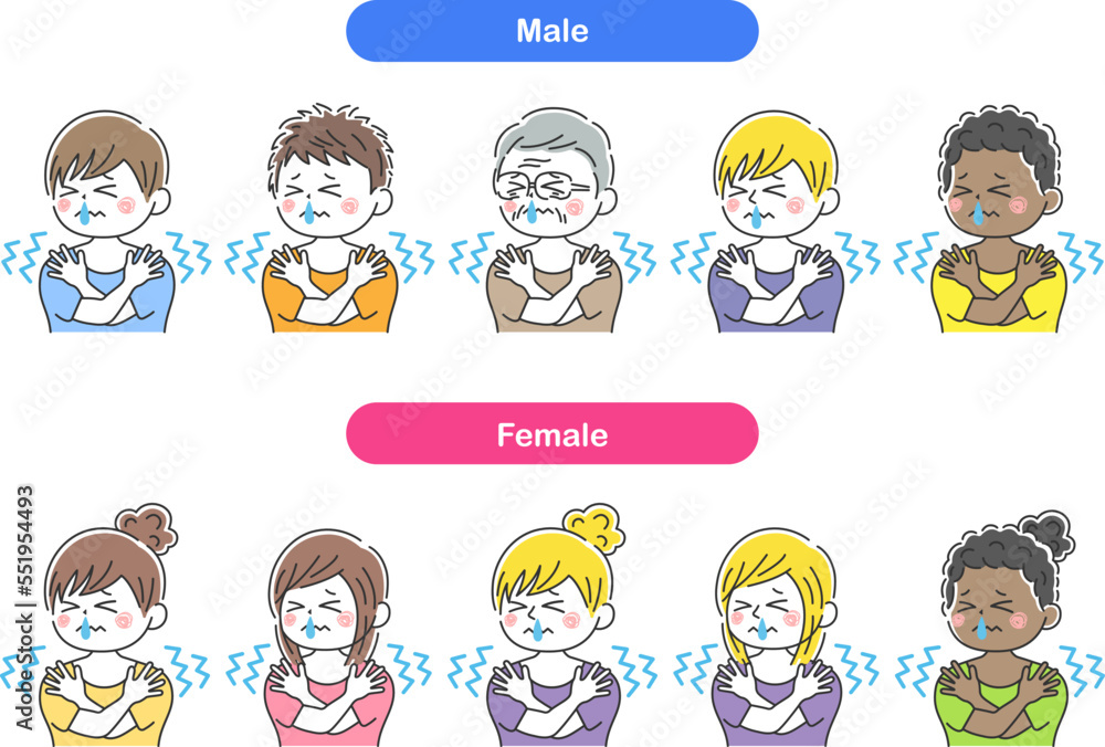 寒くて震える、鼻水が出ている人物のイラストセット