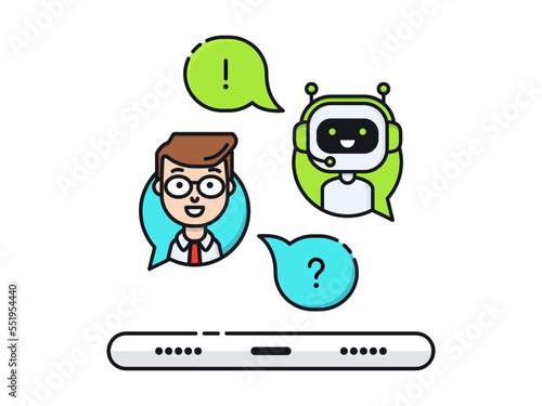 Chatbot concept. Man chatting with chat bot on smartphone. Mobile communication with ai. User ask robot the question and get an answer. Vector flat line illustration