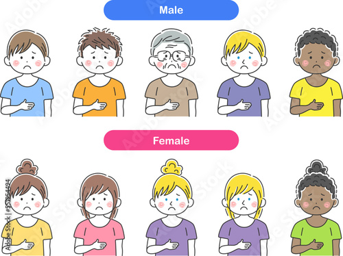 腹痛で、お腹を押さえる人物のイラストセット
