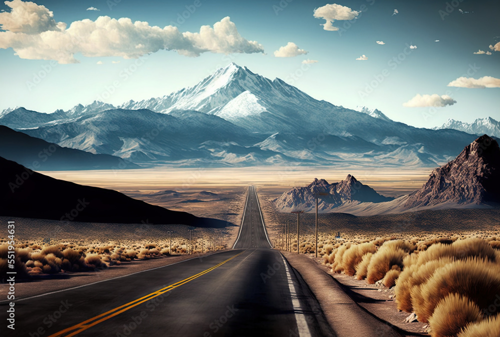 Continual road in a picturesque with distant mountain ranges. Generative AI