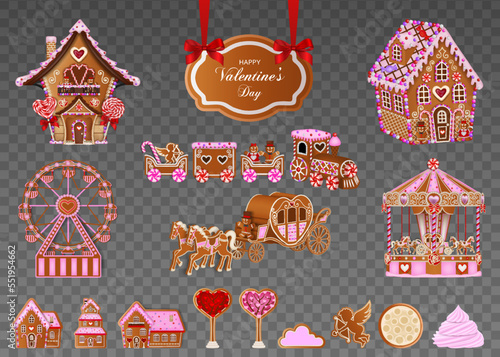 valentine sweets. set of isolated gingerbread landscape elements. valentine s day gingerbread cookies. gingerbread house  ferris wheel  carousel  carriage and train