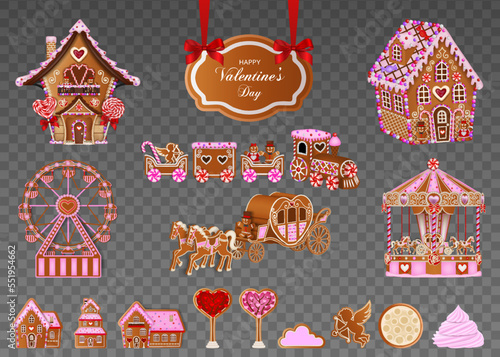 valentine sweets. set of isolated gingerbread landscape elements. valentine's day gingerbread cookies. gingerbread house, ferris wheel, carousel, carriage and train