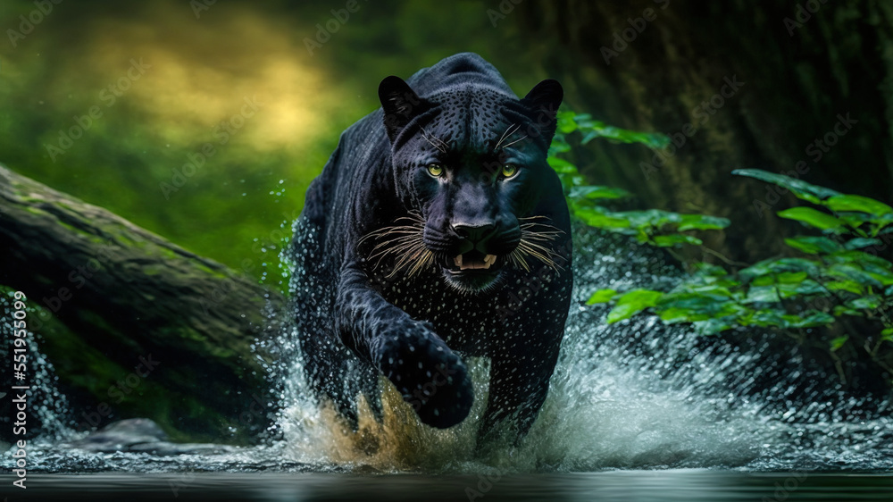 Majestic Panther runs on water in jungle. Dangerous animal. Stock