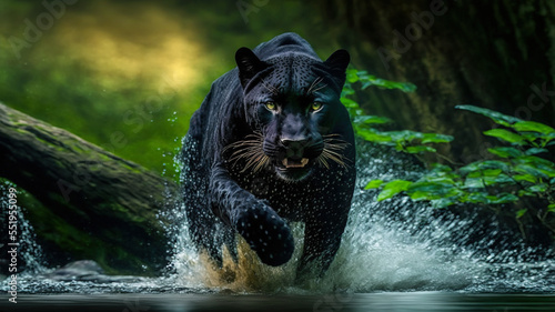 Majestic Panther runs on water in jungle. Dangerous animal. 