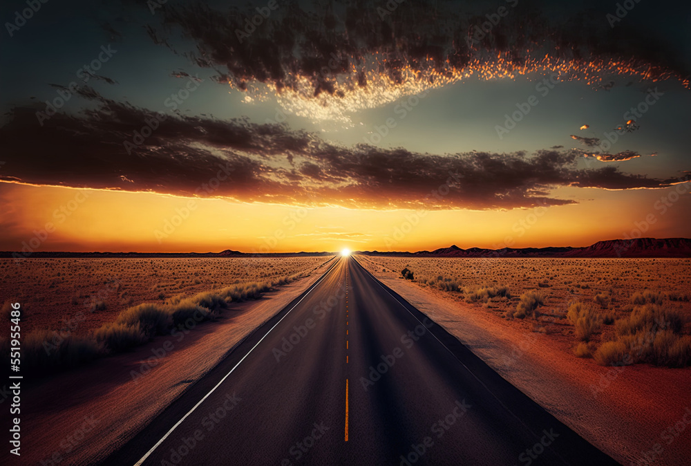 picture of a highway road with a sky and parched grass fields in the sunset. Generative AI