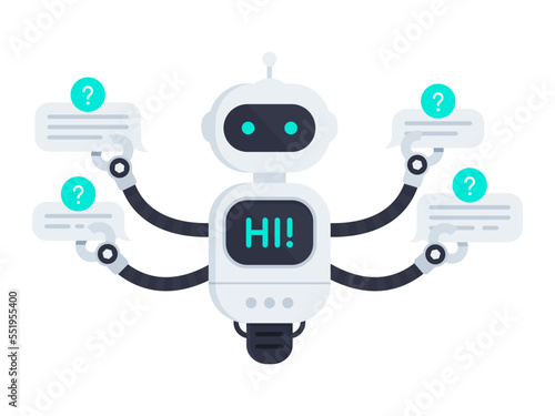 Robot isolated on white. Chat Bot holds speech bubbles. Bot say hi on screen and has one singular wheel. Customer support service chatbot. Flat vector illustration