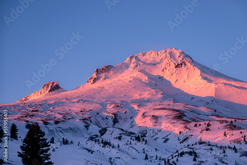 Photography alpenglow on snowy mountain