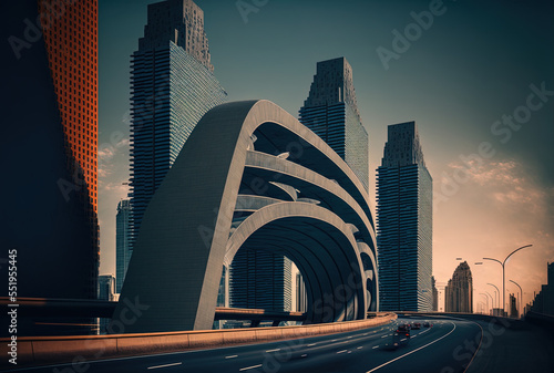 contemporary structures in the financial sector and the freeway skyline. Generative AI