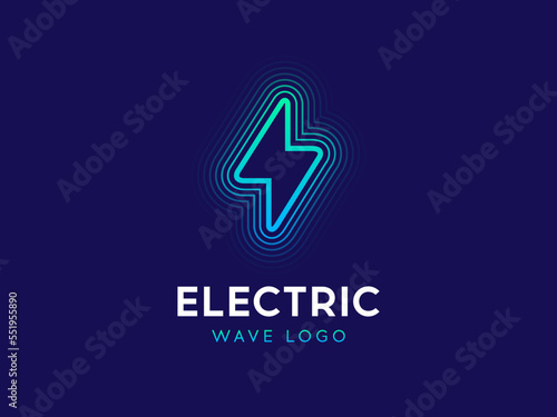 Electric wave logo concept. Lightning sign with waves. Electricity power logotype. Flash logo design in linear style. Lightning bolt with waves. Modern line vector illustration