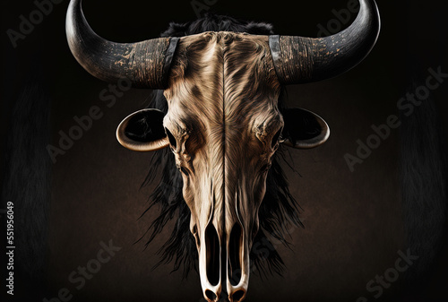 against a background of black, a buffalo skull. Generative AI