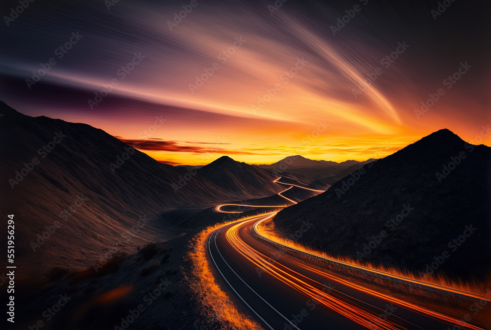 Long exposure of a road with hills and lights as a gorgeous sunset is taking place. Generative AI