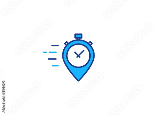 Fast time place delivery logo concept. Point marker with timer logo concept. Quick delivery logo design. Vector flat line illustration isolated on white