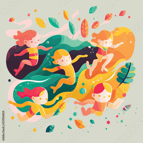 Kids swimming, children having fun in pool swimming at class school, swim in water fun. Summer sports kids holiday. Children swimmers enjoying water, illustration
