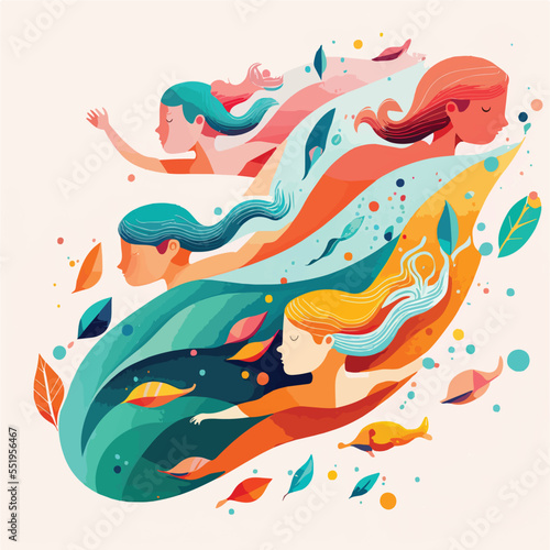 Kids swimming, children having fun in pool swimming at class school, swim in water fun. Summer sports kids holiday. Children swimmers enjoying water, illustration