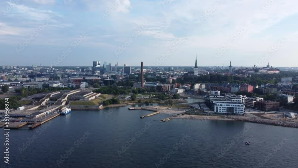 View Across Tallinn Bay Of Linnahall, Contemporary Art Museum, And Beachfront Restaurants In Tallinn, Estonia. wide aerial View Across Tallinn Bay Of Linnahall, Contemporary Art Museum, And Beachfront Restaurants In Tallinn, Estonia. wide aerial