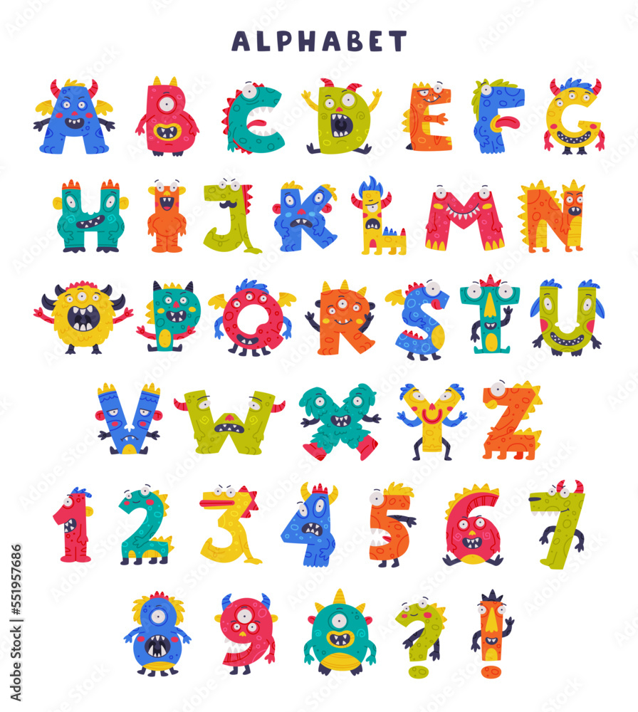 Monster Alphabet with Cute Abc Capital Letters and Numbers Vector Set