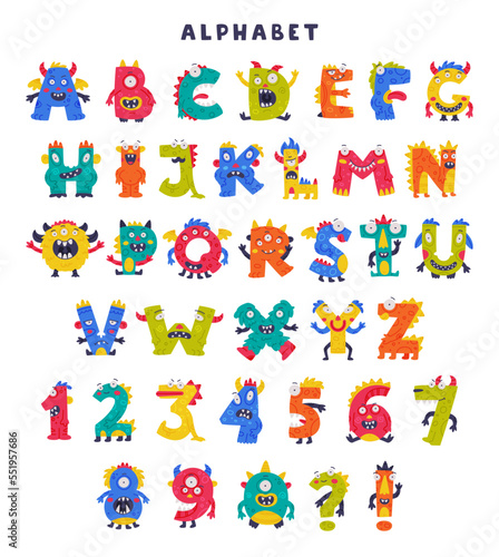 Monster Alphabet with Cute Abc Capital Letters and Numbers Vector Set