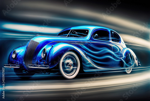 Blue automobile in fast motion or stretching. Generative AI © AkuAku