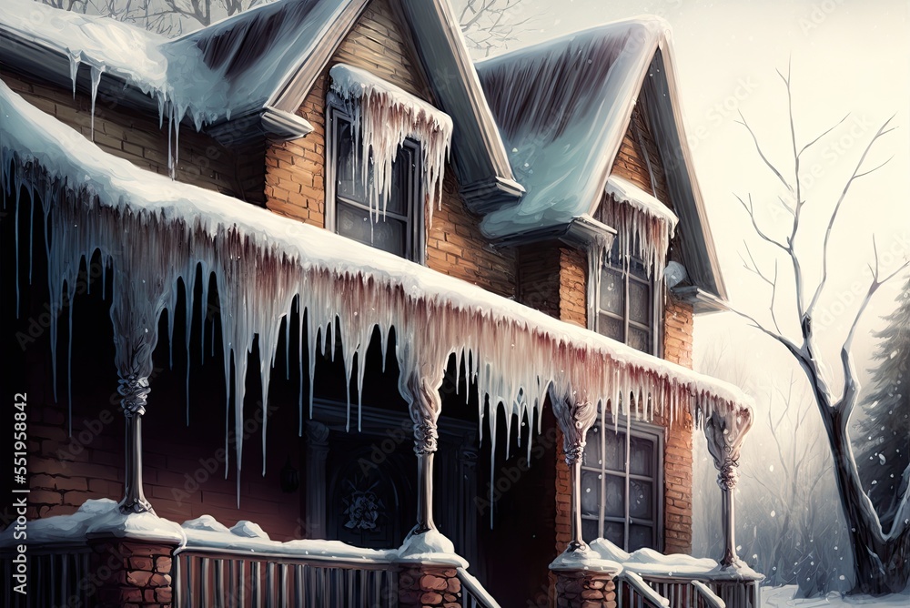 icicles hanging from a roof of a house in winter - Generative AI Art Illustration icicles hanging from a roof of a house in winter - Generative AI Art Illustration