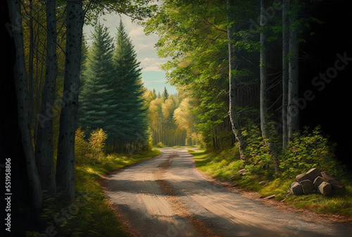Beautiful image of a midday wooded road. Generative AI