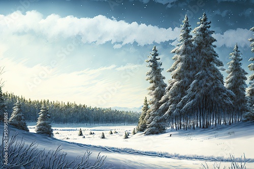 winter landscape with snow covered trees - Generative AI Art Illustration