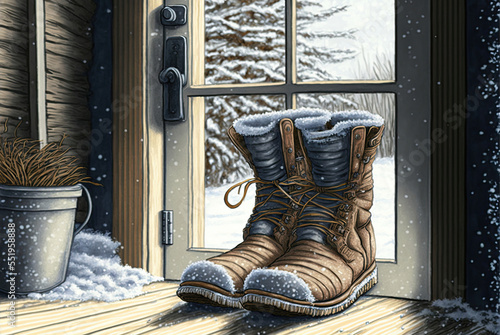 Winter boots covered in snow by a door - Generative AI Art Illustration
