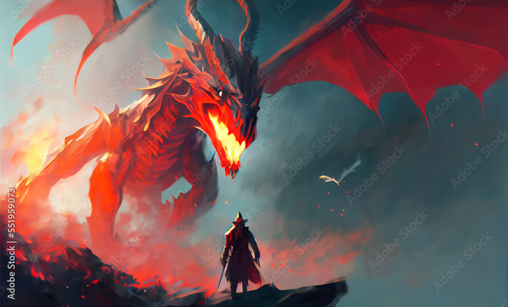 Fire Dragon with Knight army fantasy black winged dragon illustration, Fire breathes explode from a giant red dragon on a heroic medieval knight black night, the epic battle fantasy game.3d digital.