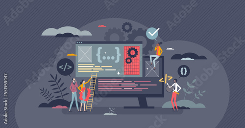 Software developer jobs and programming project teamwork tiny person concept. Coding and code writing for website or digital application vector illustration. Professional script typing occupation.