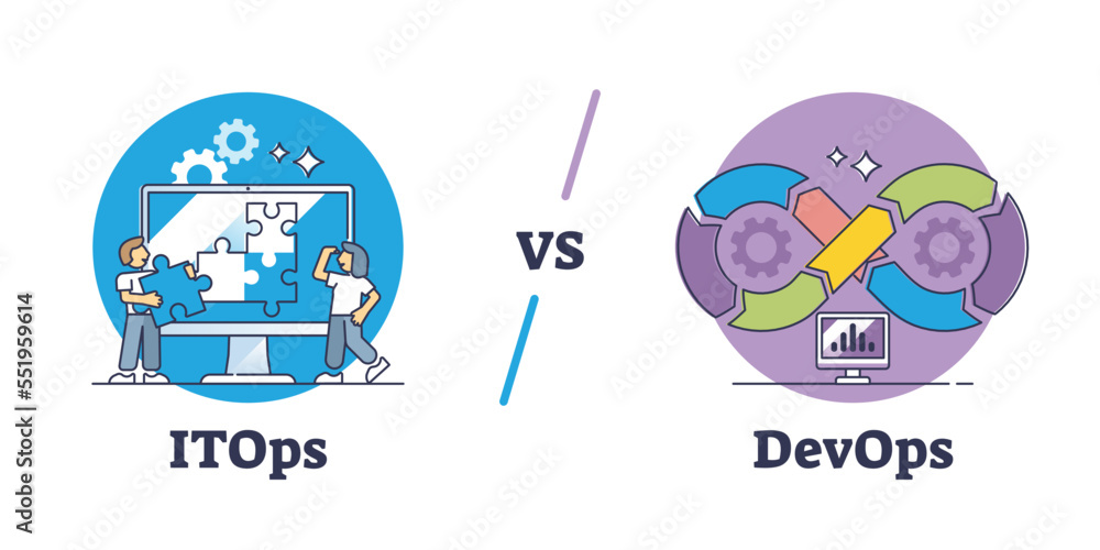 ITOps vs DevOps IT process approach strategy comparison outline diagram ...