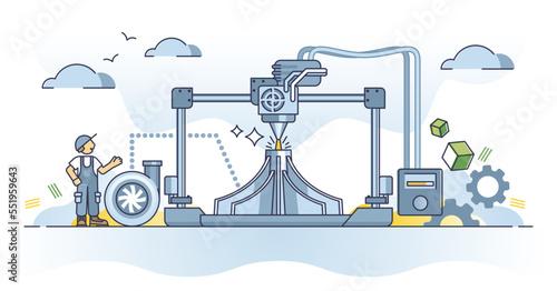 Metal 3D printing and steel part prototype manufacturing outline concept. Printer with strong material usage for precise molding vector illustration. Factory machinery for three dimensional gear tech.