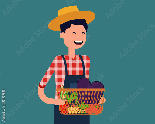 Happy farmer holding vegetables basket. Vector illustration famer concept