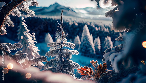Snowy forest across icy mountains , Beautiful landscapes  in winter season photo