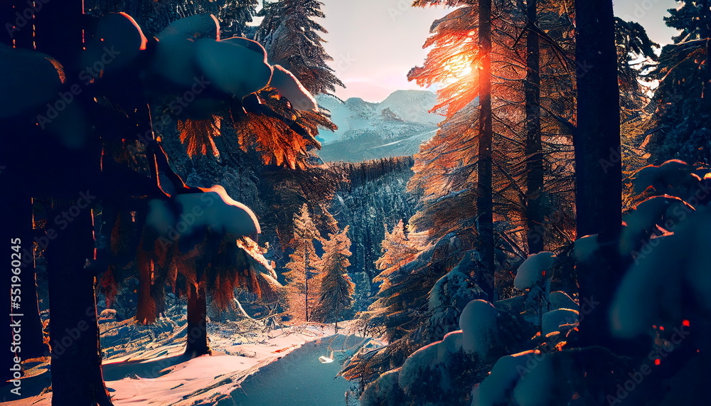 Snowy forest across icy mountains , Beautiful landscapes  in winter season