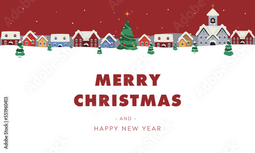 雪が降り積もる中で光り輝くクリスマスツリーと冬の街並みのクリスマス背景テンプレート（赤）　Christmas background template of a glowing Christmas tree and a winter cityscape amidst falling snow (red)