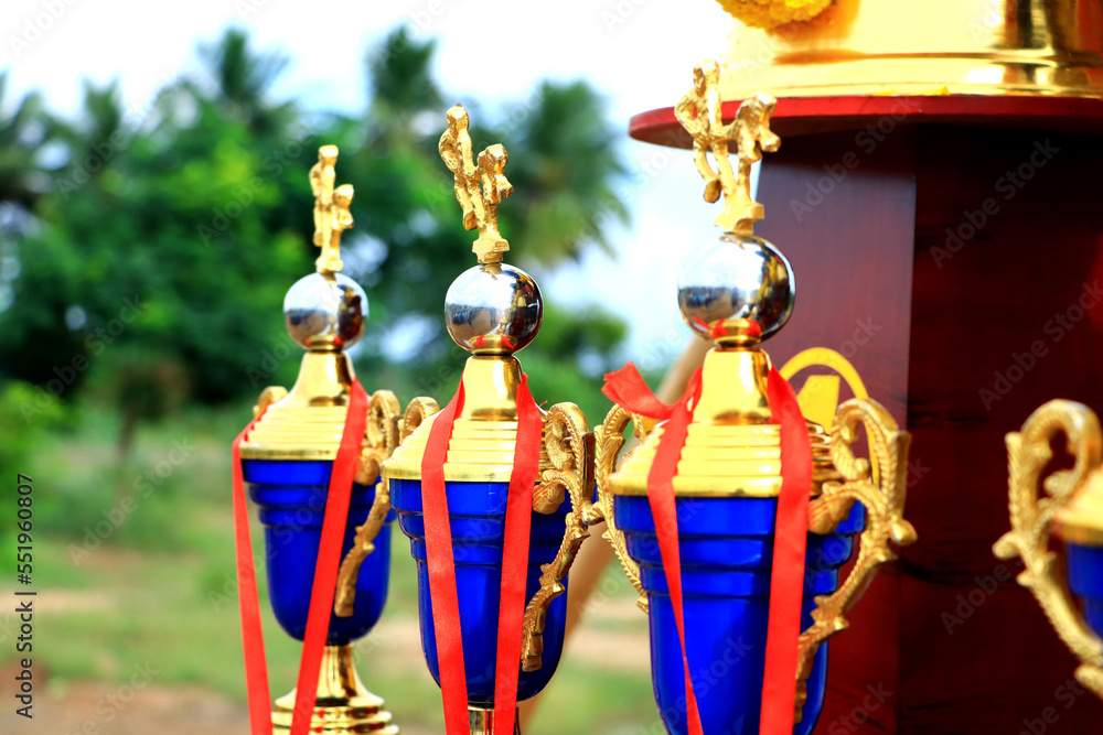 TAMILNADU,INDIA, 07TH NOVEMBER 2022 set of Gold Plated Cup trophies