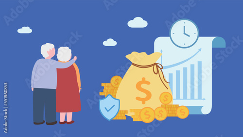 The elderly pension investment vector illustration. Old people, money bags with dollars and histogram isolated on blue background.