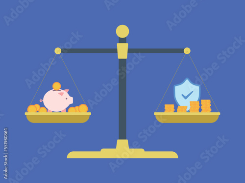 Piggy bank, gold icons and shied on the balance. Insurance investment and finance vector illustration.