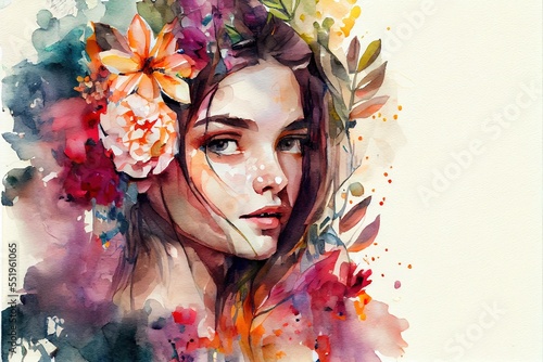 Portrait of beautiful woman with a flowers, beautiful abstract painting, smudge, drips, spattered. Colorful creative illustration generated by Ai © Cheport
