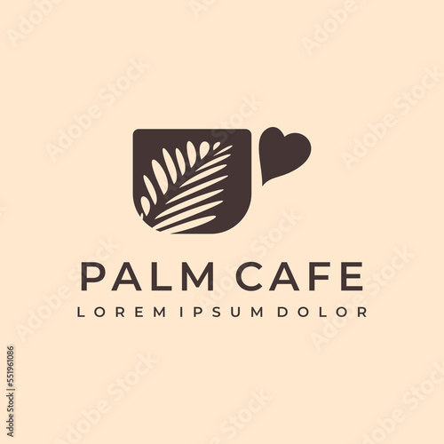 palm leaf cafe cup mug coffee tea logo design illustration custom logo design vector