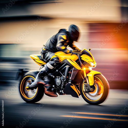 Biker on yellow sports bike rides at the city street. Blurred motion  fast speed. Photorealistic illustration generated by Ai